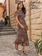 Friends Like These Brown Print Short Sleeve Chiffon Tiered Maxi Dress (F47883) | $136