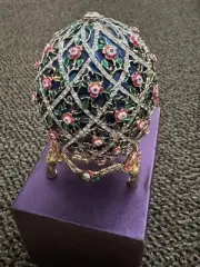 NEW Rucinni Blue Egg Russian Flowers Basket Trinket Box Crystals