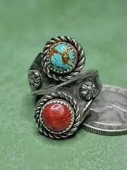 Number #8 Mine Turquoise Red Coral Sterling Silver Tufa Cast Ring Size 7 - 10.2g