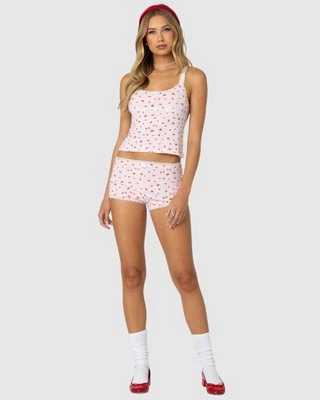 EDIKTED Womens Strawberry Girl Printed Micro Shorts PINK