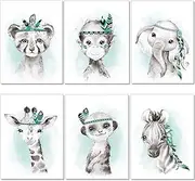 artpin® Set of 6 Pictures for Children's Room Boys Girls in Mint Grey Feather - Poster Forest Jungle Baby Room Indian Animals P62