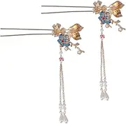 Mikinona Elegant Flower Tassel Hairpin 1 Pair Alloy Hair Stick for Women Girls Flower Hair Chopstick Retro Style