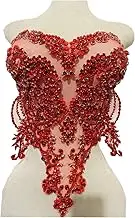 Handmade red/Blue/Gold/Green Rhinestones lace Bodice Applique Sewing Beads Crystal Trim Patches Accessory for Dress Clothes (Red)