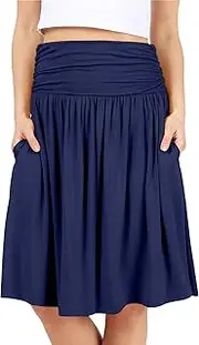 [Simlu] Womens Regular and Plus Size Skirt with Pockets Below The Knee Length Ruched Flowy Skirt Midi Skirt for Women