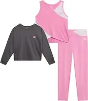 [Reebok] Girls' Active Pants Set - 3 Piece Cropped Hoodie Tank Top and Yoga Pants Leggings (Sizes: 7-12)