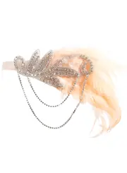 Great Gatsby Silver Rhinestone Headband with Peach Feathers