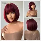Short Straight Wine Red Color Hair Cute Bob Wigs with Bangs Party Daily Wear