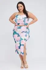Multi Abstract Midi Skirt Bodycon Side Split
