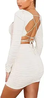 [SSKD] Women Long Sleeve Short Mini Dress, Sexy Backless Ruched Tie Back Bodycon Slim Fashion Club Party Date Pencil Dresses