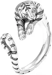 [Yocoyee] Unique Punk Lizard Tiger Ring for Men Vintage Thai Silver Vivid Animal Opening Adjustable Ring