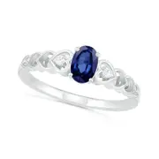 Oval Lab-Created Blue Sapphire and Diamond Accent Heart-Sides Trio Ring in Sterling Silver