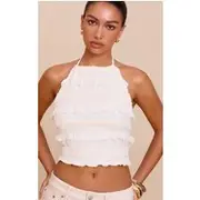 Cream Textured Chiffon Tie Back Long Top, Cream