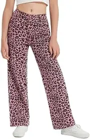 EXARUS Girls Wide Leg/Flare Jeans Bow Embroidery/Leopard Print Denim Pants with Pockets Casual for Kids 6-14Y