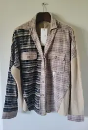 NWT Miss Me Shirt Shacket Brown Black Frayed Plaid Ribbed MSRP $69 Size-See Pics