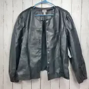 Chicos Faux Leather Jacket Snap Button Up Collarless Black Womens Size 3 (XL 16)