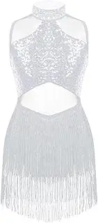 [Miutii] Kids Girls Sparkly Sequin Tassel Latin Dance Dress Jazz Tango Rumba Salsa Ballroom Dancewear