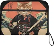 YMXFXP Expandable Filing Folder Cat Samurai Japanese, 13-Pocket Funny Cute Design with Sticky Labels, A4 Letter Size Document Organizer for Office, School, Boys, Girls