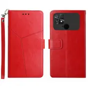 For Xiaomi Poco C40 4G HT01 Wallet Feature Imprinted Y-Shaped Lines Phone Case Shell with Strap