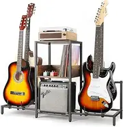 Bikoney Guitar Stand 4-Tier for Acoustic, Electric Guitar, Bass, Rack Holder Floor Adjustable Multiple Guitars, Amp Accessories, Display Music Room Home Studio with Wooden Shelf Black