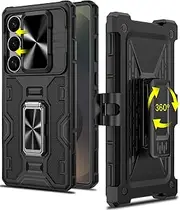 Caka for Galaxy S25 Ultra Case with Belt Clip Holster & Stand & Slide Camera Cover, Built-in 360° Rotate Ring Holder Magnetic Protective Phone Case Cover for Galaxy S25 Ultra 2025, Black