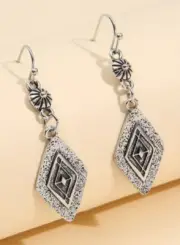 Silver Tone Drop Dangle Earrings Textured Diamond Shape Boutique Style Chic Gift
