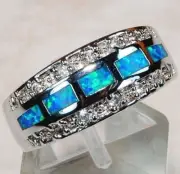 Australian Opal Inlay & White Topaz 925 Solid Sterling Silver Ring Sz 8 TD1