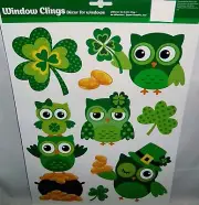 St. Patrick's Day Window Clings GREEN OWLS WITH POT OF GOLD