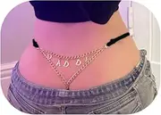 [Cusmyre] Gold Letters Pendant Waist Chain Thong Panties Metal Letters Bikini Thong Panties Summer Beach Festival Rave G String Thong Adjustable Hip Body Jewelry for Women