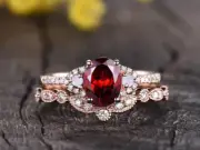 Natural Garnet & Fire Opal 14K Rose Gold Plated Silver Vintage Bridal Ring Set