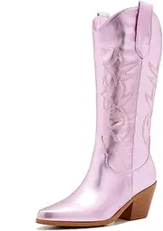 [ZXHYZLZ] Women's Western Cowgirl Boots - Mid Calf Embroidered, Brown and Black, Pointed Toe, Chunky Block Heel, Slip On, Retro Classic, Casual, Horse Riding, Cosplay