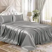 Homiest 4pcs Satin Sheets Set Luxury Silky Satin Bedding Set with Deep Pocket, 1 Fitted Sheet + 1 Flat Sheet + 2 Pillowcases (Full Size, Light Grey)