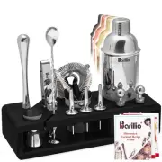 Silver Bartender Kit - Stainless-Steel Cocktail Shaker Set w/Black Bamboo Sta...