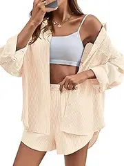 [Tankaneo] Womens Striped Lounge Sets 2 Piece Beach Outfits Long Sleeve Button Down Shirts and Casual Shorts Matching Set
