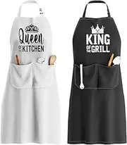 King & Queen Apron Set - Wedding Engagement Gifts for Couples, Funny Kitchen Gifts for Couples, Husband, Wife, Boyfriend, Girlfriend, Him Her, Bridal Shower Gift, Unique Valentine's Day gift 2PCS