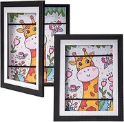 A4 Picture Frame Children's Drawings, Wooden Magnetic Opening Picture Frame for Children with Front Opening and Hanging Bracket (Black)