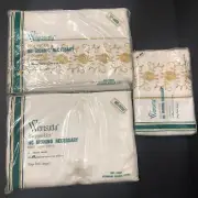 Vtg Wamsutta DOUBLE FLAT Sheet and Pillowcases Set White Gold Flowers Embroidery