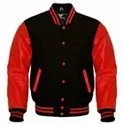 Letterman Varsity Bomber Baseball Jacket Black Wool & Red Leather Sleeves