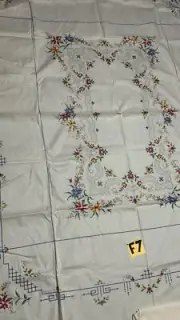 Vintage Hand-Embroidered Linen Tablecloth with Floral Design, 68” x 90”, 13-Pc