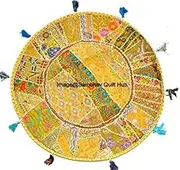 Yellow Patchwork Cotton Boho Chic Bohemian Hand Embroidered Round Floor Pillows & Cushion Cover Seating Pouf Ottoman Cover