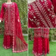 Pakistani Red Straight Style Embroidered Sequins Chiffon Sharara Dress,M#2
