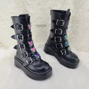 Emily 330 Black Matte 2" Platform Metal Heart Plate Combat Boots DEMONIA