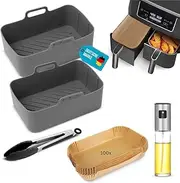 [FryChef] Air Fryer & Hot Air Fryer Accessories - 5 Piece Dual Zone Set with 2 Silicone Liners, Oil Sprayer, Baking Paper & Tongs - for Ninja AF300EU/AF400EU, Philips 3000, Tefal Dual (L from 22 cm)