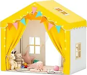 HOMMOW Kids Tent,Indoor & Outdoor Kid Playhouse 2 in 1 with Lights and Mat,54" x36.5" x 51" Large Play Tents with 2 Doors & 5 Windows,Yellow