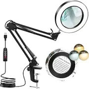 zolyet 5X Magnifying Glass with Light, Krstlv Real Glass Lens Desk Lamp& Clamp, 3 Color Modes Stepl Dimmable, Hands Lighted Magnifier with Light and Stand for Reading Crafts Repa Close Works Black M