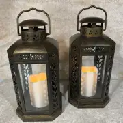 2 New Battery Operated Candle Lanterns Bronze Resin Cutout Hang Or Table Tops