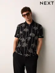 Black Palm Tree Pattern Quarter Zip Polo Shirt (AN9901) | $51