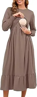 [URLOUS] Womens Nursing Dress Crewneck Casual Long Sleeve Maternity Dress Tiered Flowy Breastfeeding Dress with Pockets