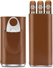 [CIGARLOONG] 3-Finger Leather Cigar Case Set,Portable Cedar Wood Lining Cigar Case with Stainless Steel Cigar Cutter,Great Gift Kit (Brown)