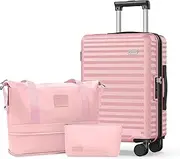 [SHOWKOO] Carry On Luggage Hardshell Lightweight Luggage Set, Suitcase with Double Spinner Wheels TSA Approved Lock White 3 Piece Set Pink (DB/TB/20in)