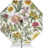 [FRODOTGV] Yellow Sunflower Peonies White Travel Umbrella Windproof Reverse Compact Umbrella for Rain Sun 8 Ribs Large Collapsible UV Umbrella Automatic for Women Men